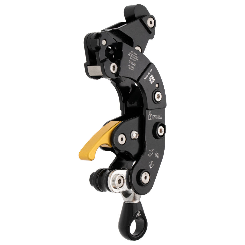 Black and yellow mechanical component on a white background