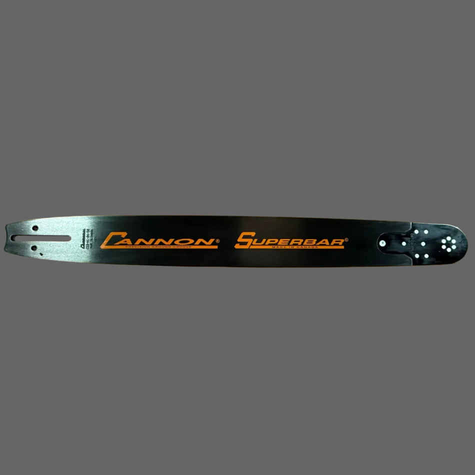 A Cannon Superbar chainsaw bar, featuring a black body with orange branding and a silver-colored front section, displayed horizontally against a solid gray background.