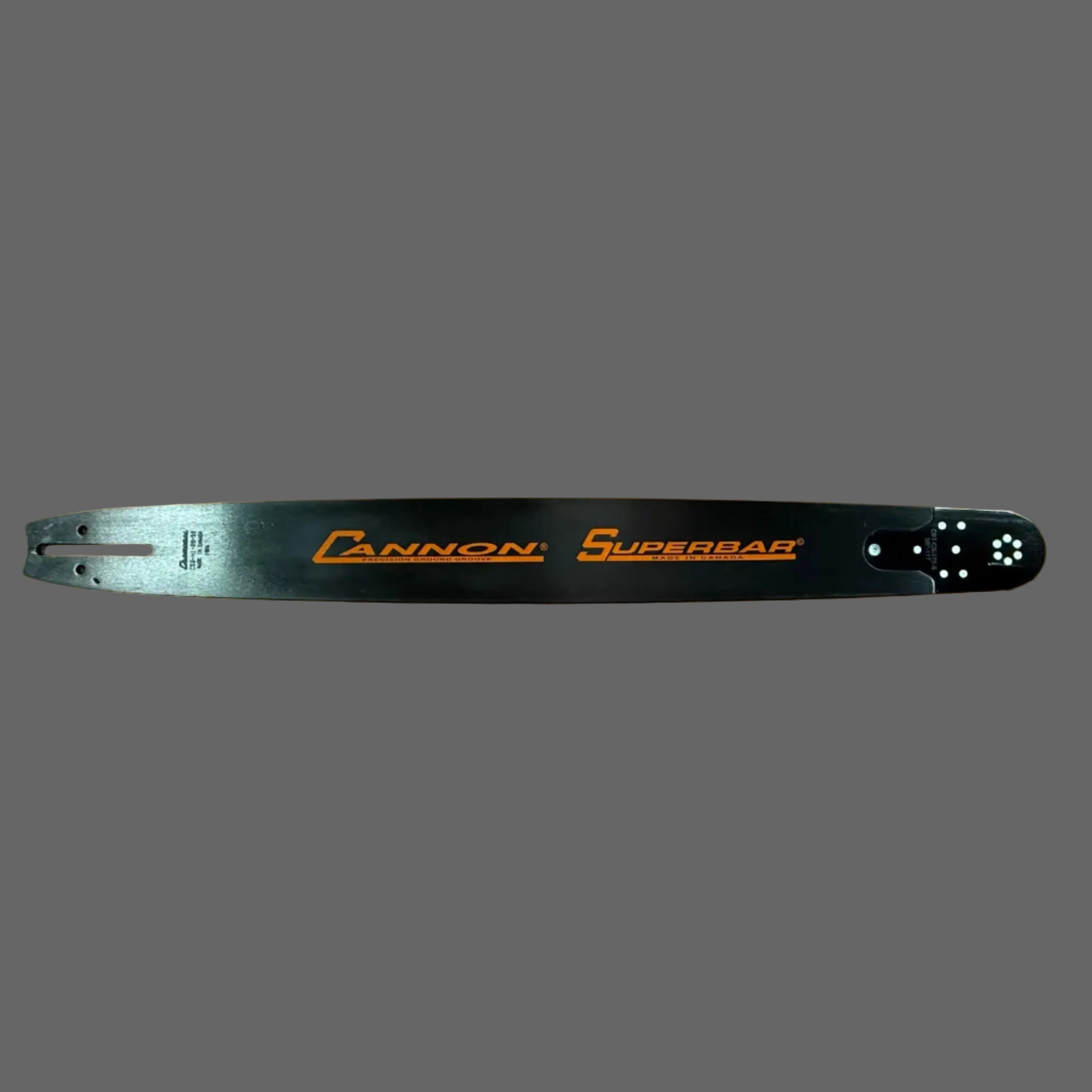 A Cannon Superbar chainsaw bar, featuring a black body with orange branding and silver metallic tips, displayed horizontally against a solid gray background.