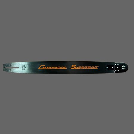 A Cannon Superbar chainsaw bar, featuring a black body with orange branding and silver metallic tips, displayed horizontally against a solid gray background.