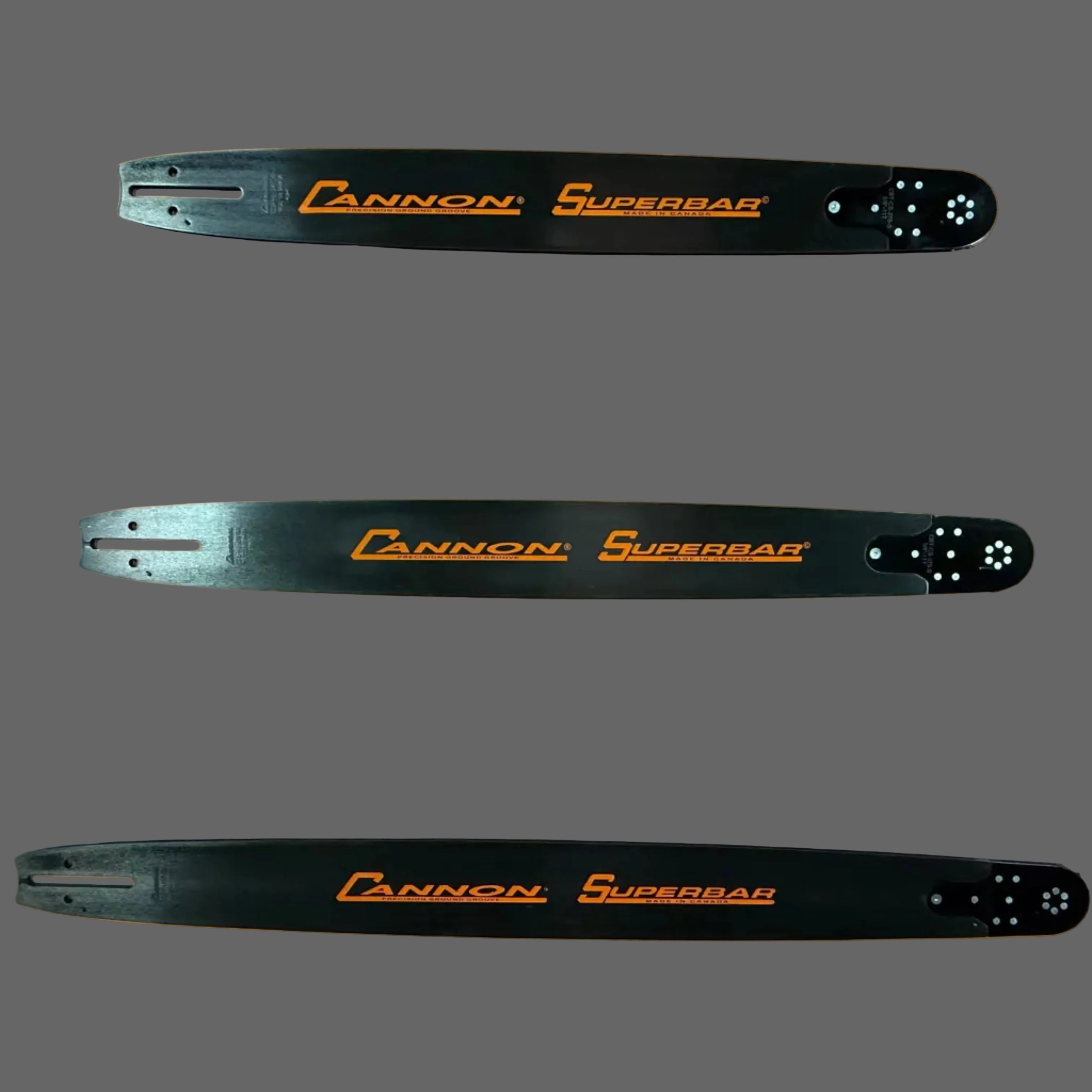 Three Cannon Superbar chainsaw bars on an gray background