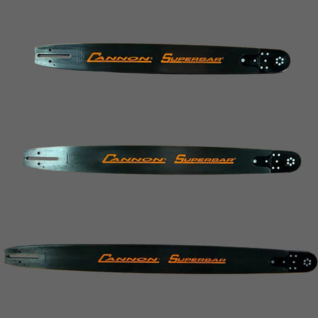 Three Cannon Superbar chainsaw bars on an gray background