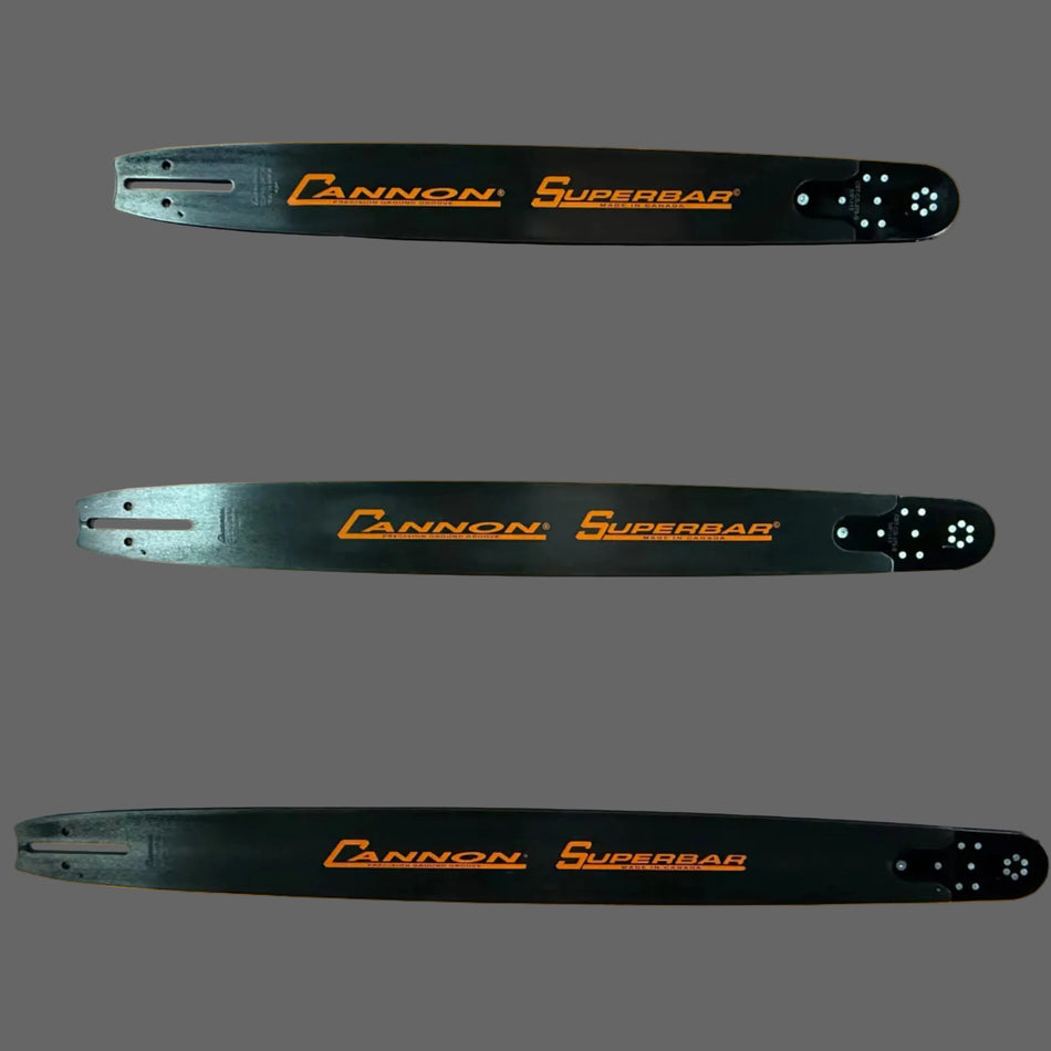 Three Cannon Superbar chainsaw bars on an gray background