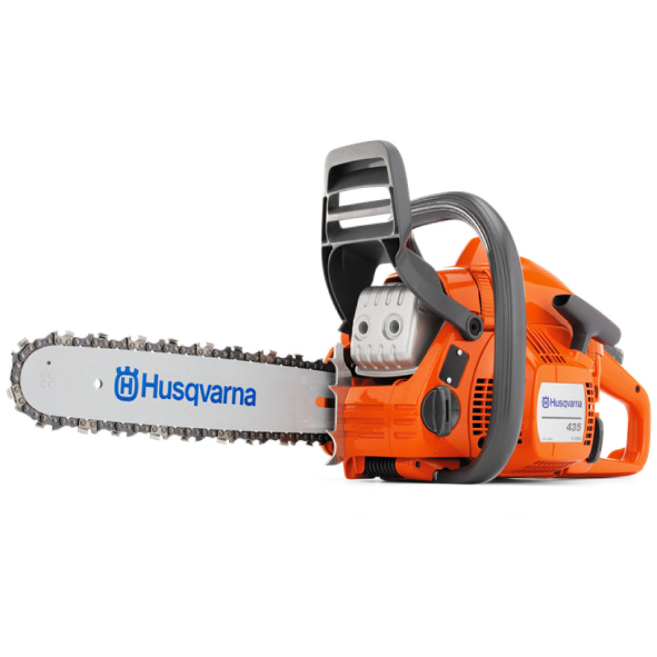 Husqvarna cordless chainsaw with an orange body, gray handlebar guard, and silver guide bar, shown on a plain white background.
