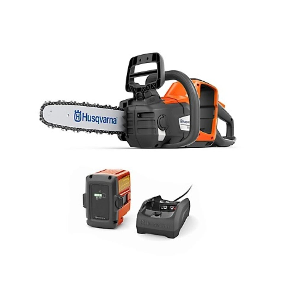 Husqvarna chainsaw with battery and charger on a white background