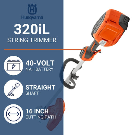 Husqvarna 320iL string trimmer with features listed on a blue and white background