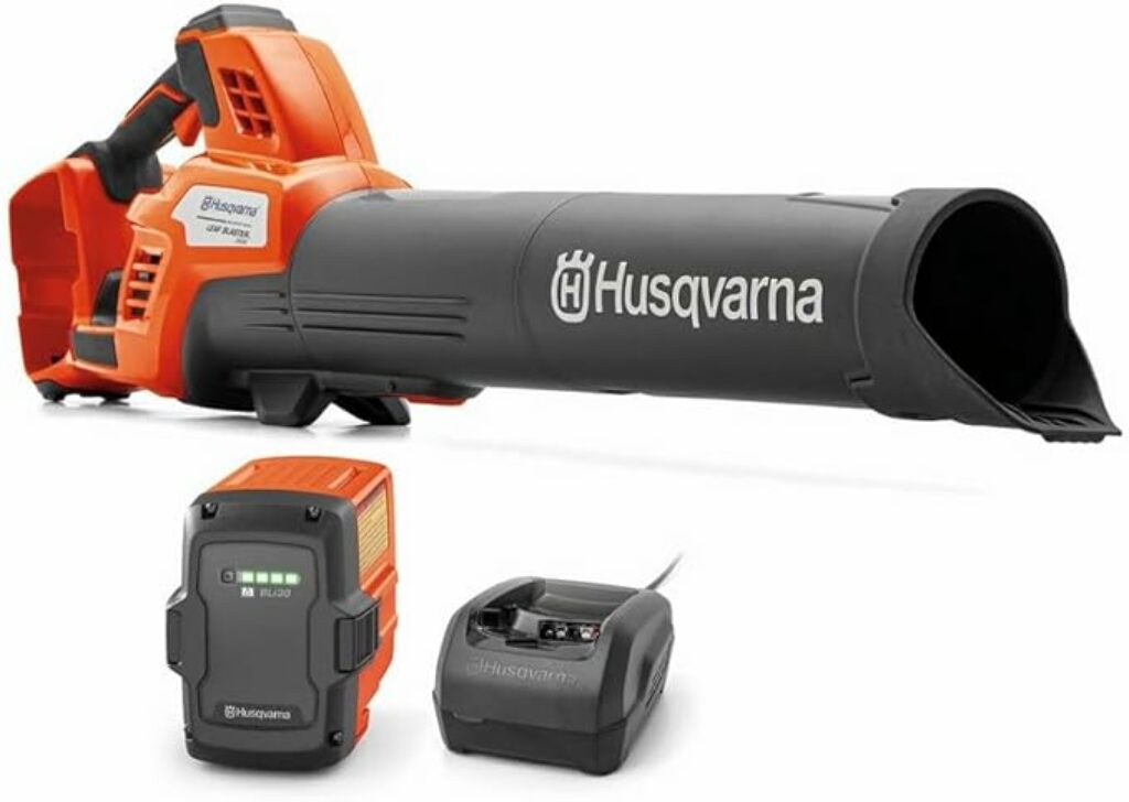 Husqvarna 350ib Leaf Blaster power blower with battery and charger on a white background