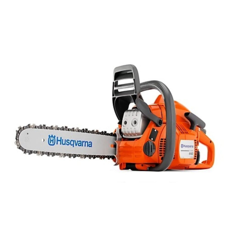 A Husqvarna chainsaw with a bright orange body, black handle, and silver guide bar, shown from a side profile on a solid white background.