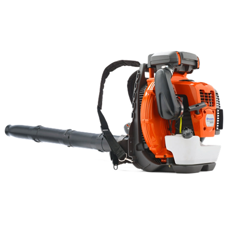 A Husqvarna 560BTS Pro Backpack Blower with an orange engine housing, black backpack strap, and black blowing tube, shown against a plain white background.
