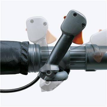 Close-up of a black handlebar-mounted control lever with an orange accent, attached to a gray handlebar clamp, with white and orange grips visible in the background.