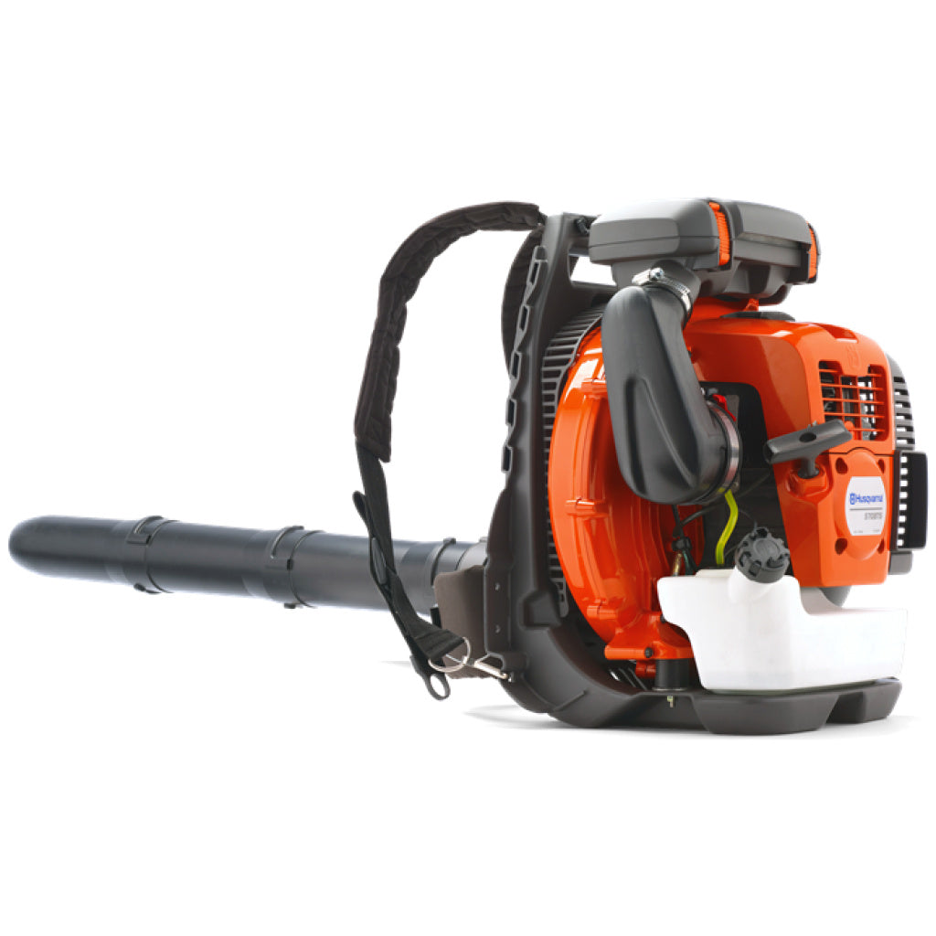 A Husqvarna 570BTS Pro Backpack Blower with an orange engine housing, black backpack and hose, and a white fuel tank, photographed on a clean white background.
