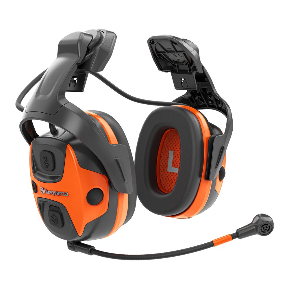 Orange and black headphones with a microphone on a white background