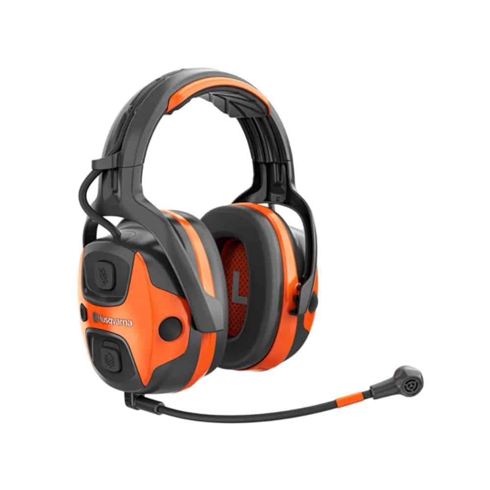 A Husqvarna X-COM Active with Headband with orange and black earcups, a padded headband, and an adjustable boom microphone, shown against a plain white background.