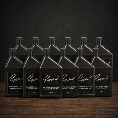 12 quarts of Ripsaw Professional grade bar and chain oil for chainsaws on a studio table