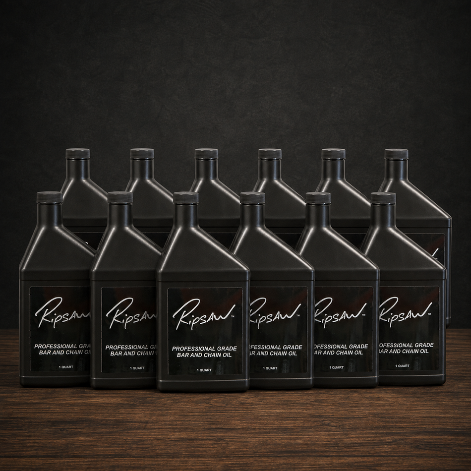 12 quarts of Ripsaw Professional grade bar and chain oil for chainsaws on a studio table