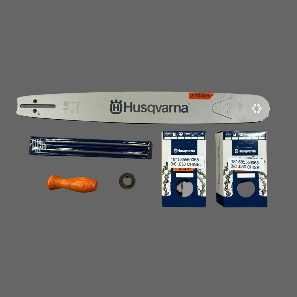 Husqvarna chainsaw bar and related parts on a gray background