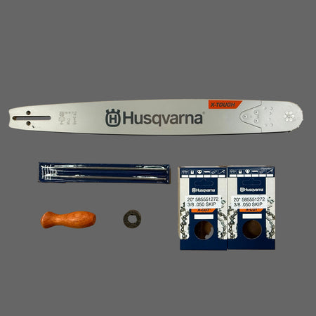 Husqvarna chainsaw bar, guide bar, and related parts on a gray background