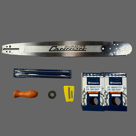 Saw chain, bar, and accessories on a brown background