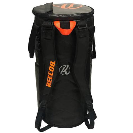 Black Reecoil rope bag with orange text and branding on a white background