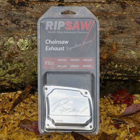 Ripsaw chainsaw exhaust packaging on a wooden background