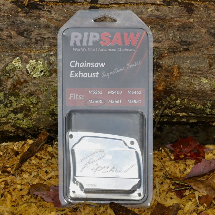 Ripsaw chainsaw exhaust packaging on a wooden background