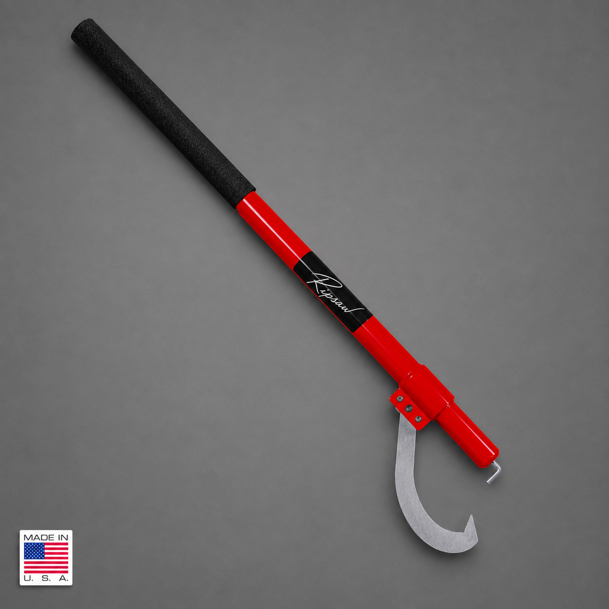 A Ripsaw Signature Series Can't Hook made by Logrite, a  red and black pole with a curved silver hook at the end, photographed on a plain gray background. A small 'Made in USA' badge appears in the lower-left corner.